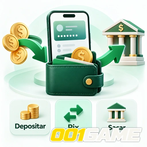 001GAME — ilustração de carteira digital com depósito, Pix e saque